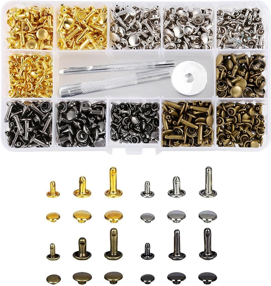 GIGIIS Lederen Klinknagelset - Complete Set met Bevestigingsgereedschap voor Leerbewerking - 360 stuks - Diverse Maten - Ideaal voor Reparaties aan Tassen, Riemen en meer