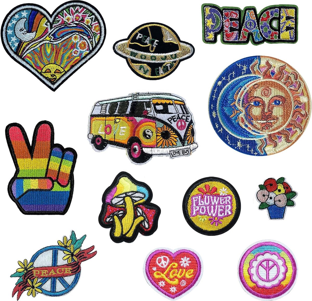 Qpout 12 stuks hippie-patches om op te strijken, vintage patches, peace-tekens, reparatie, decoratieve patches voor kleding, design, rugzak, jassen, jeans, overhemd, doe-het-zelf, knutseldecoraties