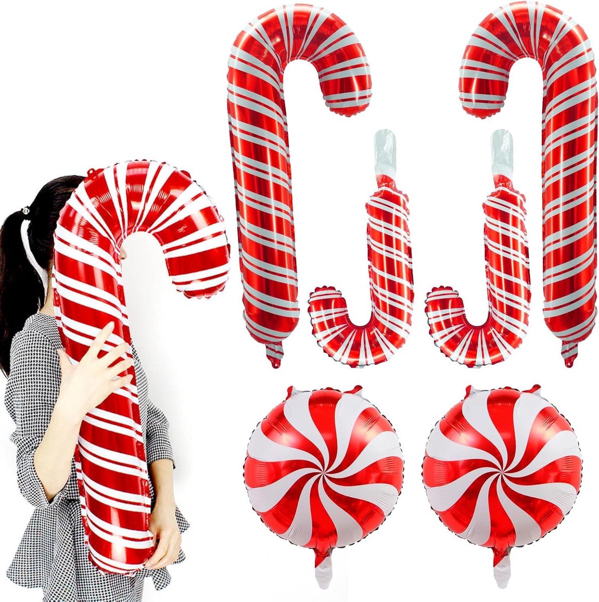 Green Glow - Kerstballonnen voor kerstdecoratie, 6 stuks in rood met Candy Cane motief voor feestelijke decoratie.