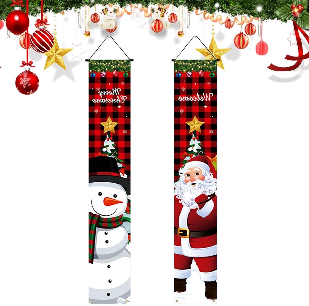 Green Glow - Vrolijke Kerstfeest Banners 180 * 30cm - Opknoping kerstversiering - Kerst Porch Sign Banner - Outdoor kerstversiering voor voordeur - Tuin veranda decoratie - Feestelijke kerstcoupletten