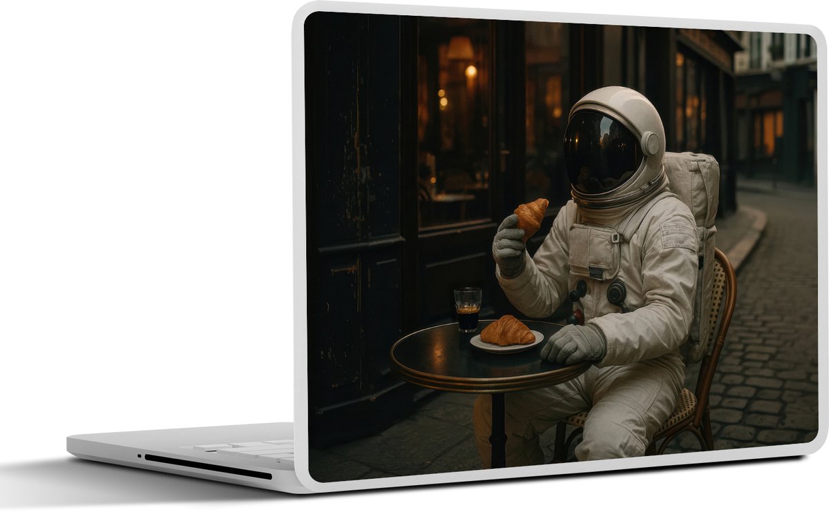 Laptop sticker - 10.1 inch - Café - Croissant - Koffie - Astronaut - 25x18cm - Laptopstickers - Laptop skin - Cover