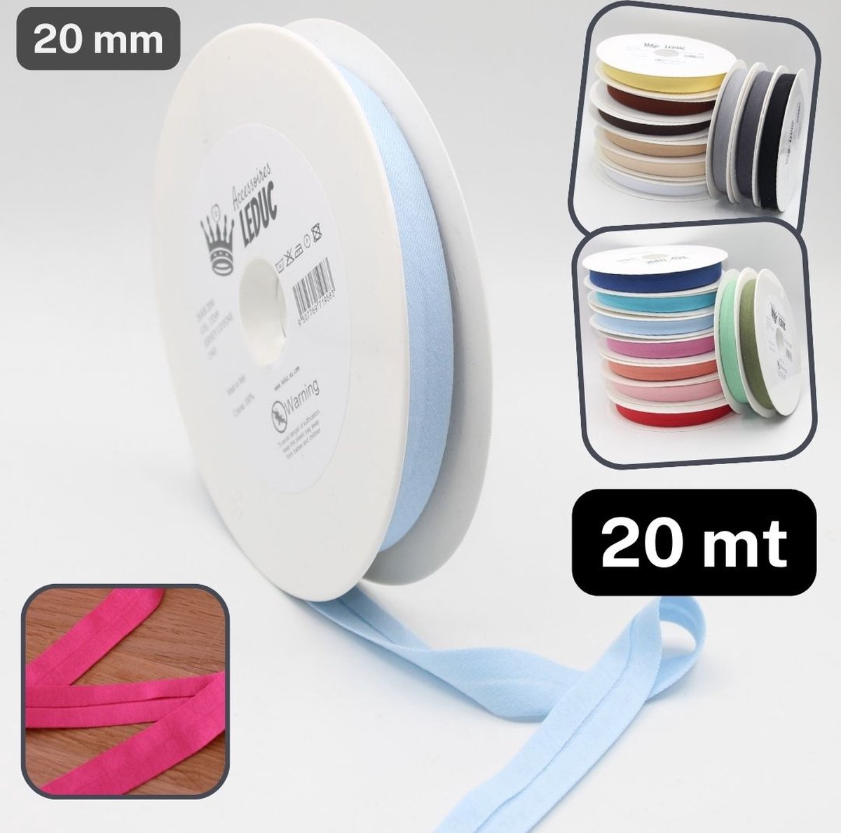 20 Meter BIAIS JERSEY 100 % KATOEN, Afgewerkt 20/8/8, MADE IN ITALY, Kleur 15249 LICHTBLAUW