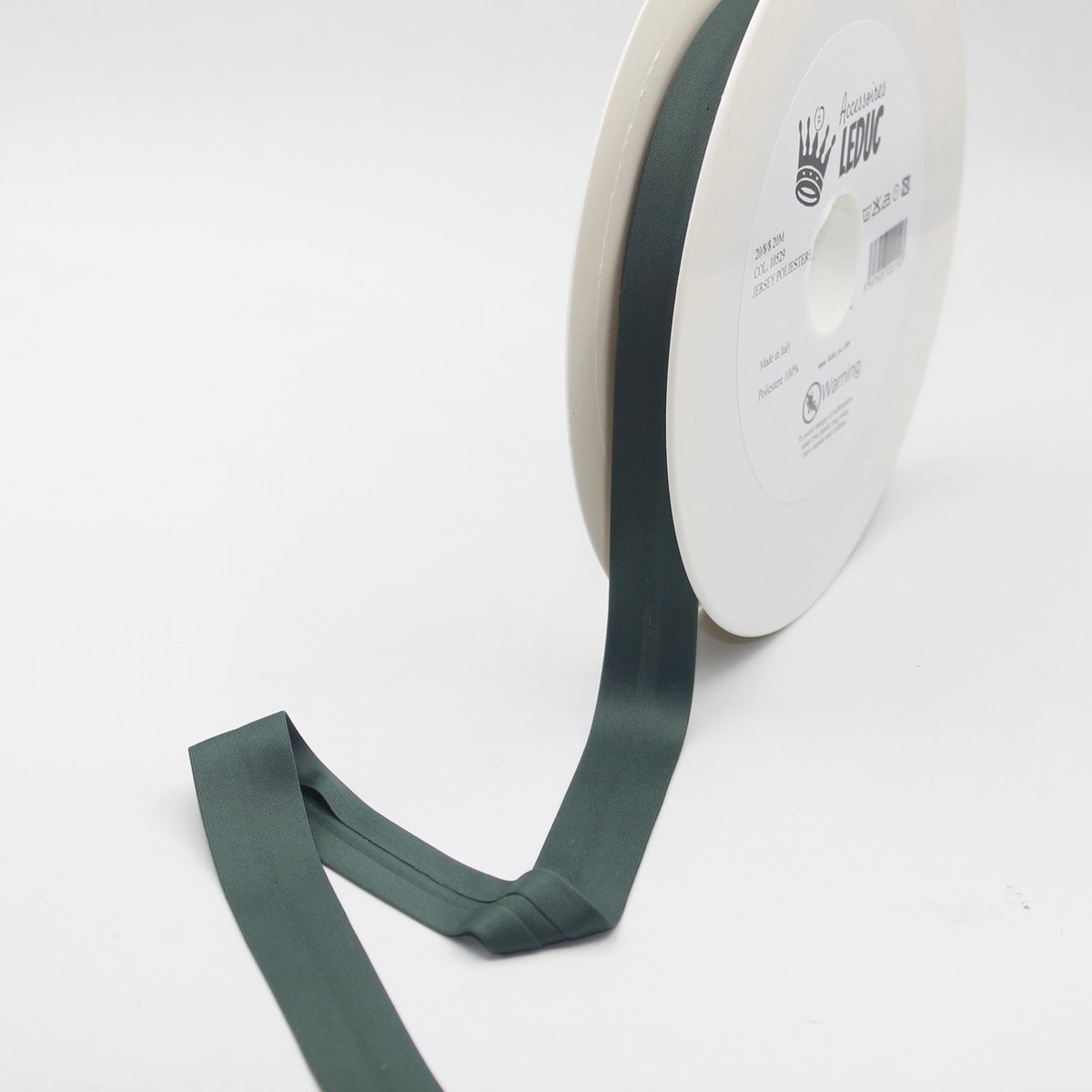 20 Meter BIAIS JERSEY 100 % POLYESTER, Afgewerkt 20/8/8, MADE IN ITALY, Kleur 10529 DONKERGROEN