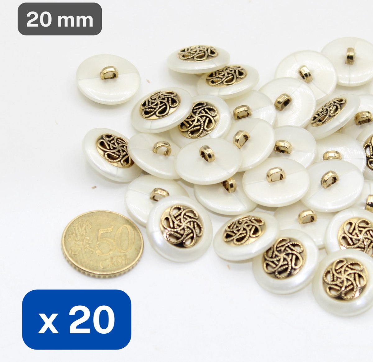 20 Stuks Gemetaliseerde NYLON KNOPEN, Maat 13MM, Op Voetje, Kleur WIT/OUDGOUD