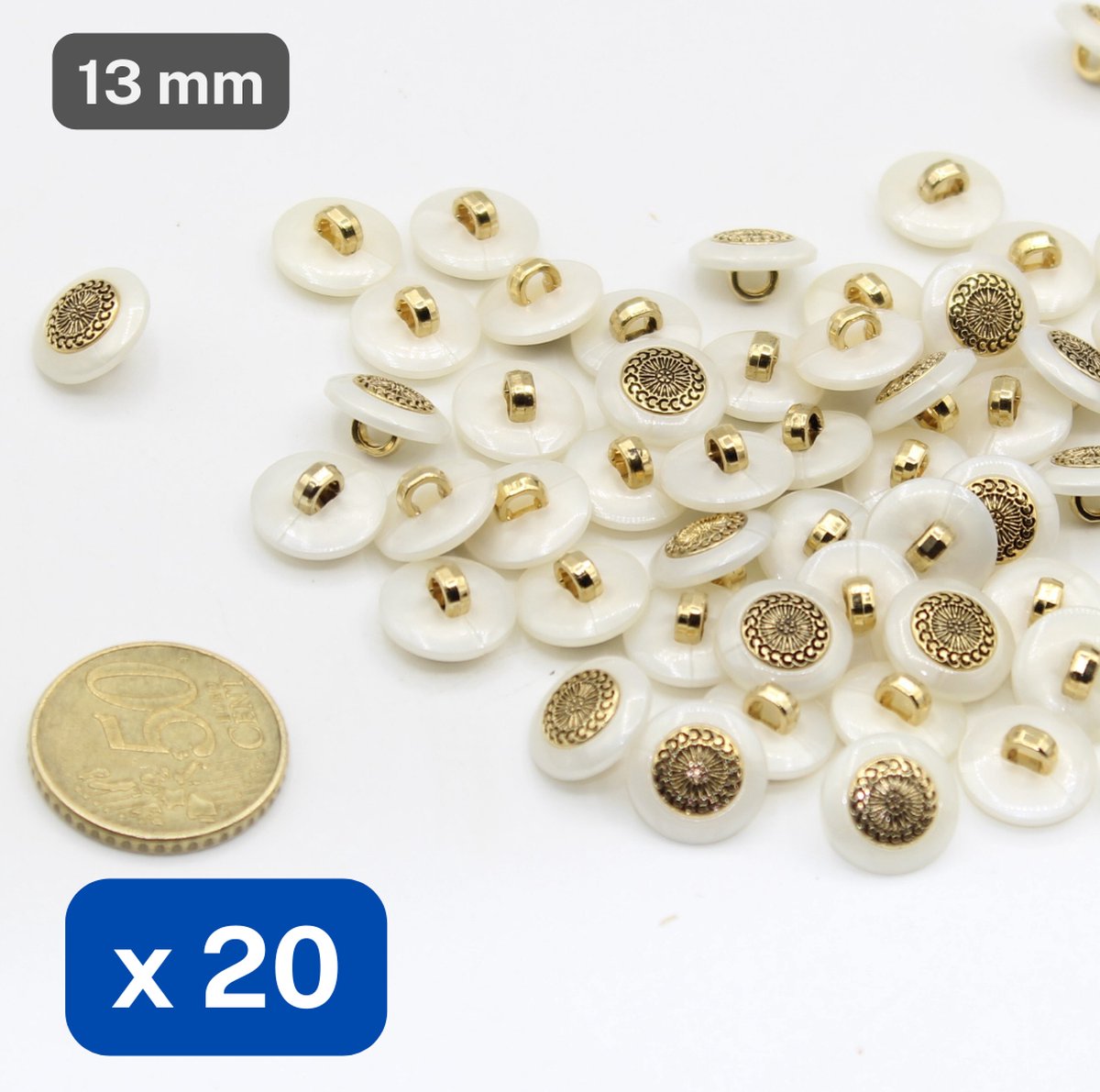 20 Stuks Gemetaliseerde NYLON KNOPEN, Maat 13MM, Op Voetje, Kleur WIT/OUDGOUD