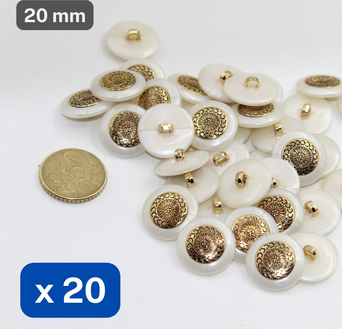 20 Stuks Gemetaliseerde NYLON KNOPEN, Maat 20MM, Op Voetje, Kleur WIT/OUDGOUD