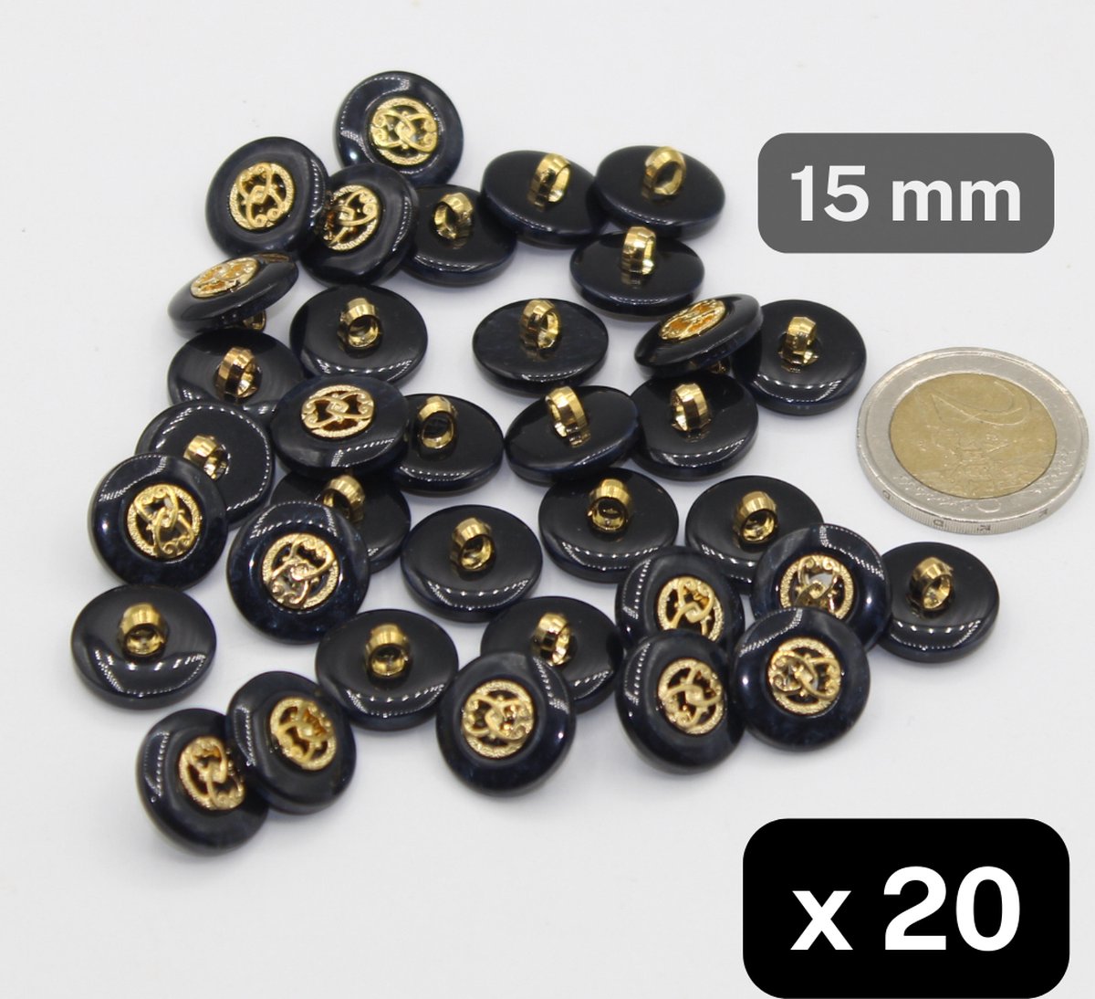 20 Stuks Gemetaliseerde POLYESTER KNOPEN, Maat 15MM, Kleur MARINE/GOUD