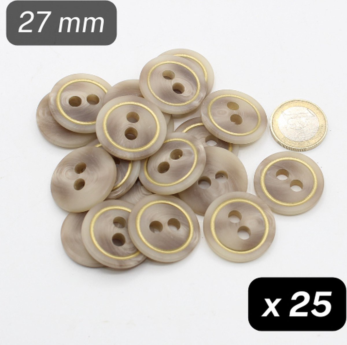 25 Stuks POLYESTER KNOPEN met Gouden Lijntje, Maat 27MM, 2 Gaatjes, Kleur BEIGE+GOUD