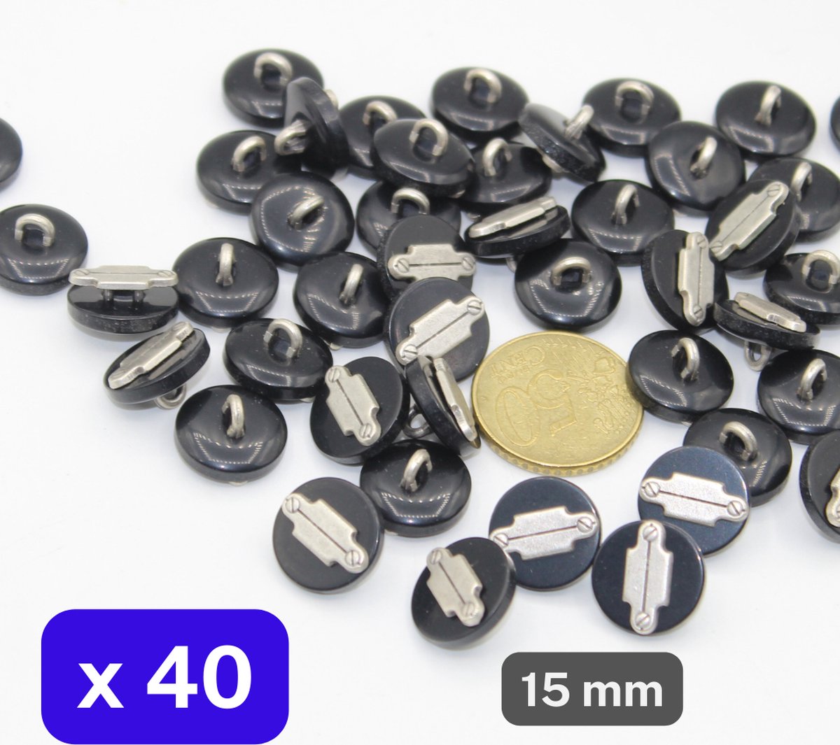 40 Stuks COMBINATIE POLYESTER/ZAMAK KNOPEN op Voetje, Maat 15MM, Voor Jassen, Blazers, Bloezen, enz., Italiaanse Kwaliteit, Kleur ZWARTE RAND / OUD ZILVER INLEG