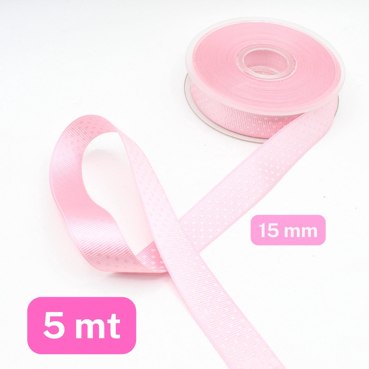 5 Meter ENKELZIJDIG GROSGRAIN LINT / RIBSBAND, Breedte 15MM, Kleur ROZE met WITTE STIPPEN