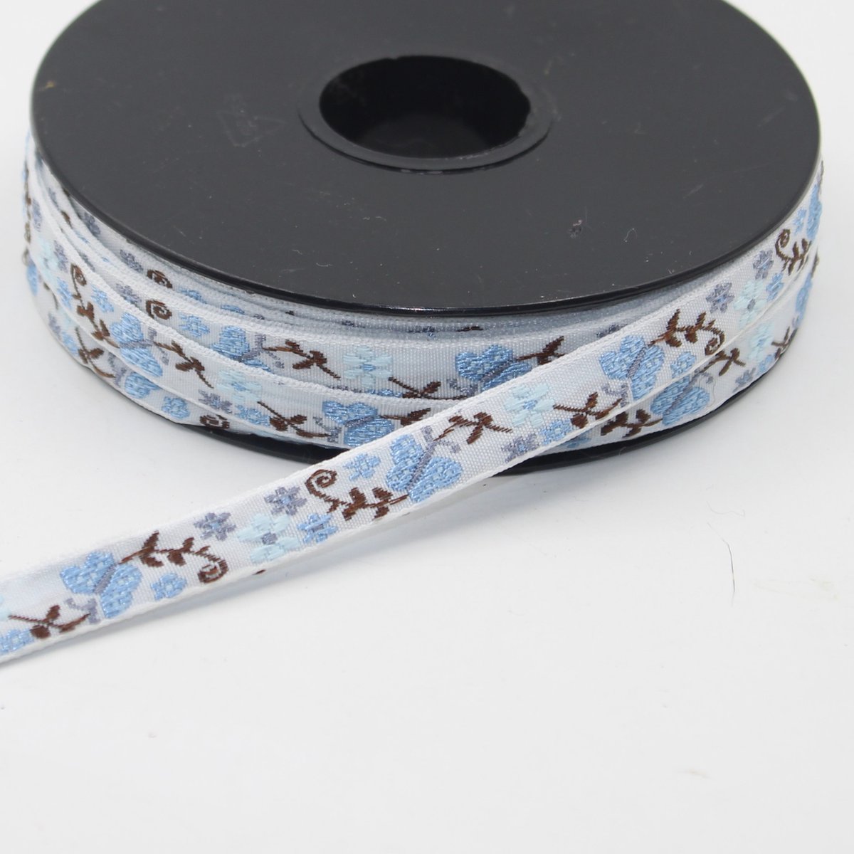 5 Meter JACQUARD LINT/GEWEVEN LINT met VLINDER en BLOEMEN Motief, Breedte 10MM, Kleur BLAUW