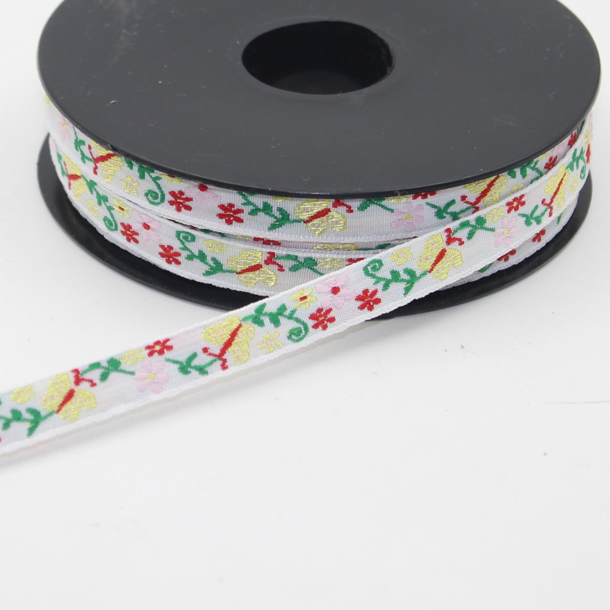 5 Meter JACQUARD LINT/GEWEVEN LINT met VLINDER en BLOEMEN Motief, Breedte 10MM, Kleur WIT