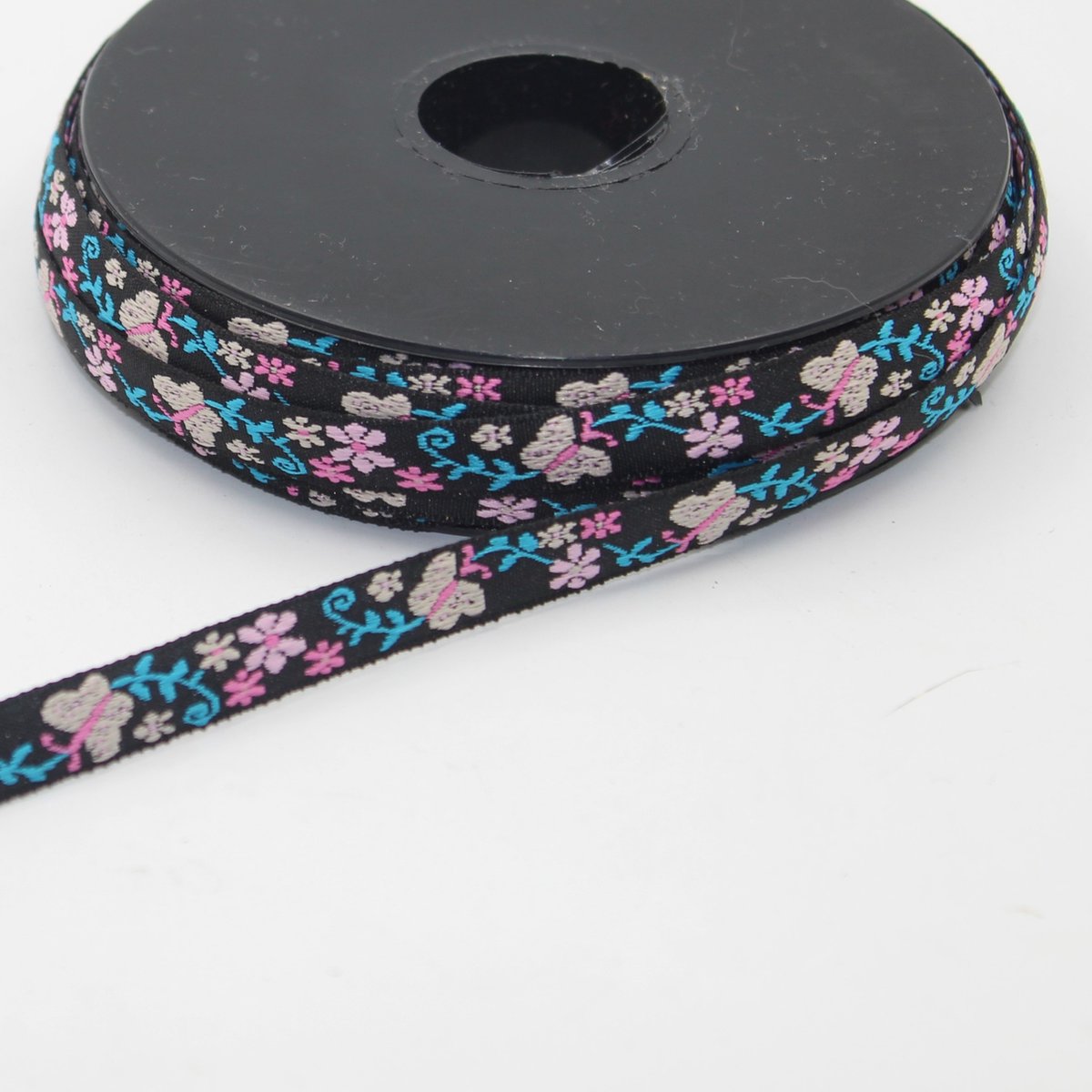 5 Meter JACQUARD LINT/GEWEVEN LINT met VLINDER en BLOEMEN Motief, Breedte 10MM, Kleur ZWART/ROZE