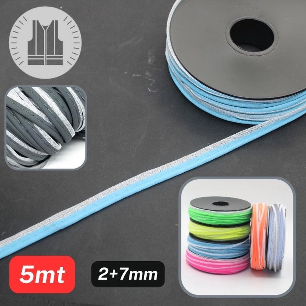5 Meter REFLECTERENDE PASPELBAND/PIPING, Maat 7+2MM, Kleur BLAUW