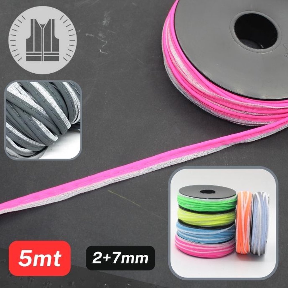 5 Meter REFLECTERENDE PASPELBAND/PIPING, Maat 7+2MM, Kleur ROZE