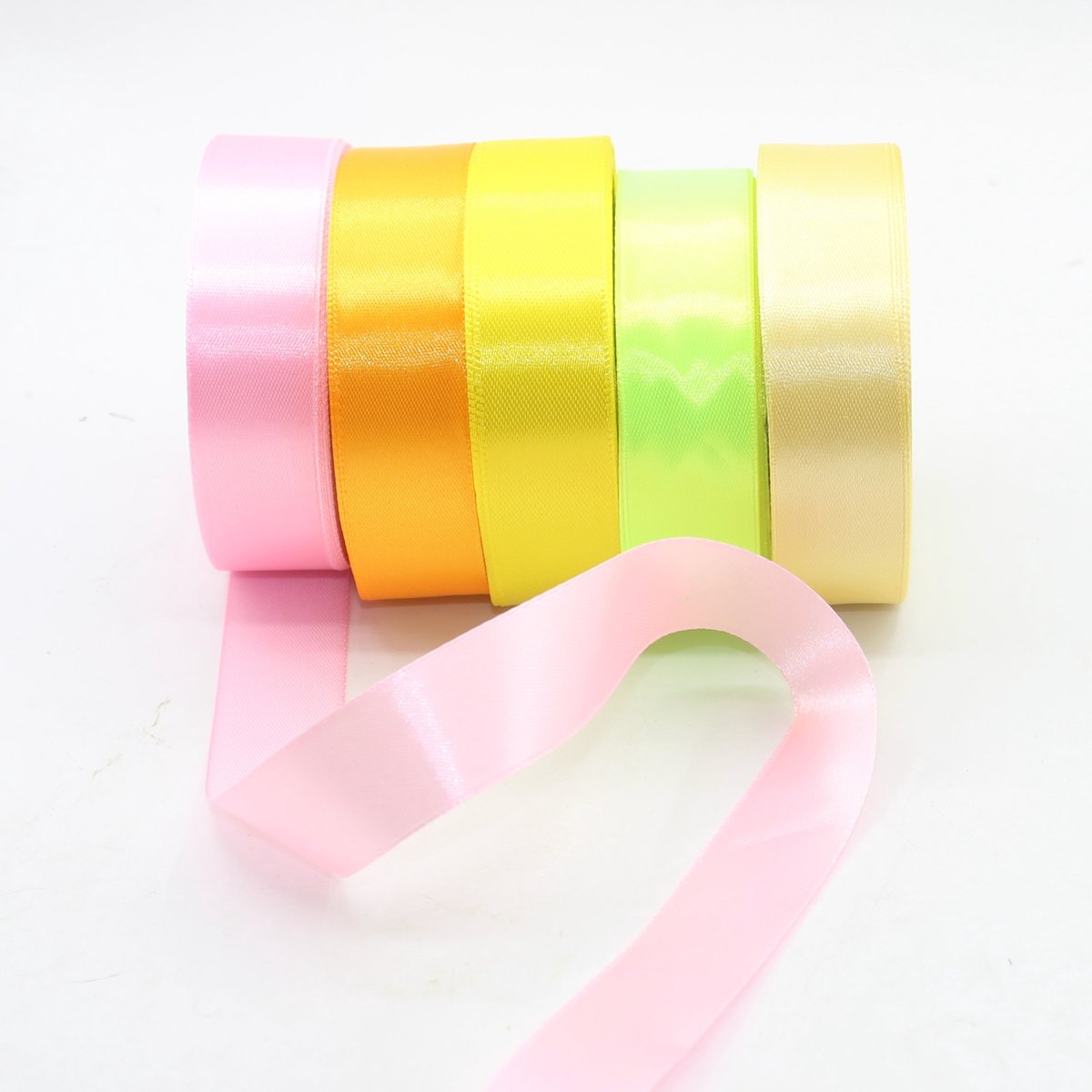 5 Rollen SATIJNLINT ENKELZIJDIG, Breedte 25MM, Mix FLUO KLEUREN (set D), Decoratie voor Bruiloft, Ceremonie, Feest, Verpakking, Cadeau, Verjaardag en Boeket Bloemen