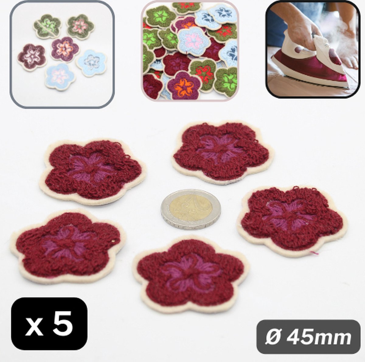 5 TRICOT 2-KLEURIGE BLOEMEN met Ecru Randje, Diameter 45MM, om op te Strijken, Kleur BORDEAUX/PRUIM, HOTFIX