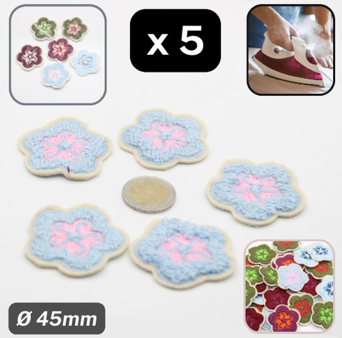 5 TRICOT 2-KLEURIGE BLOEMEN met Ecru Randje, Diameter 45MM, om op te Strijken, Kleur LICHTBLAUW/ROZE, HOTFIX