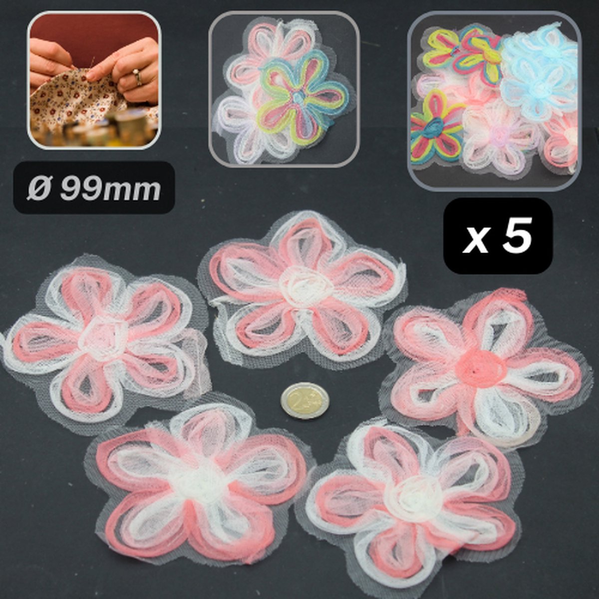 5 TULLE BLOEMEN, op Tulle Basis , Diameter 99MM, om op te Naaien, Kleur PERZIK