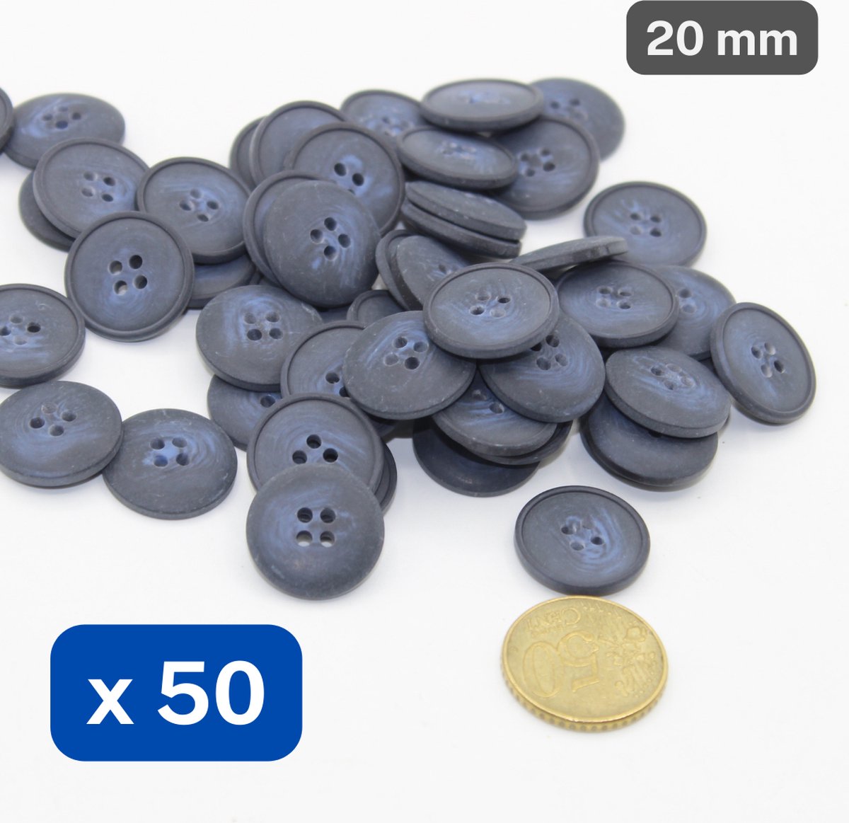 50 Stuks MATTE POLYESTER KNOPEN, Maat 20MM, 4 Gaatjes, Imitatie Hoorn, Made in Italy, Kleur MARINE