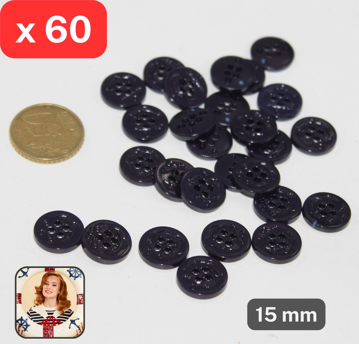 60 Stuks BLINKENDE NYLON KNOPEN, Maat 15MM, 4 Gaatjes, Thema NAVY met Anker in de Knoop Gedrukt, Kleur MARINE