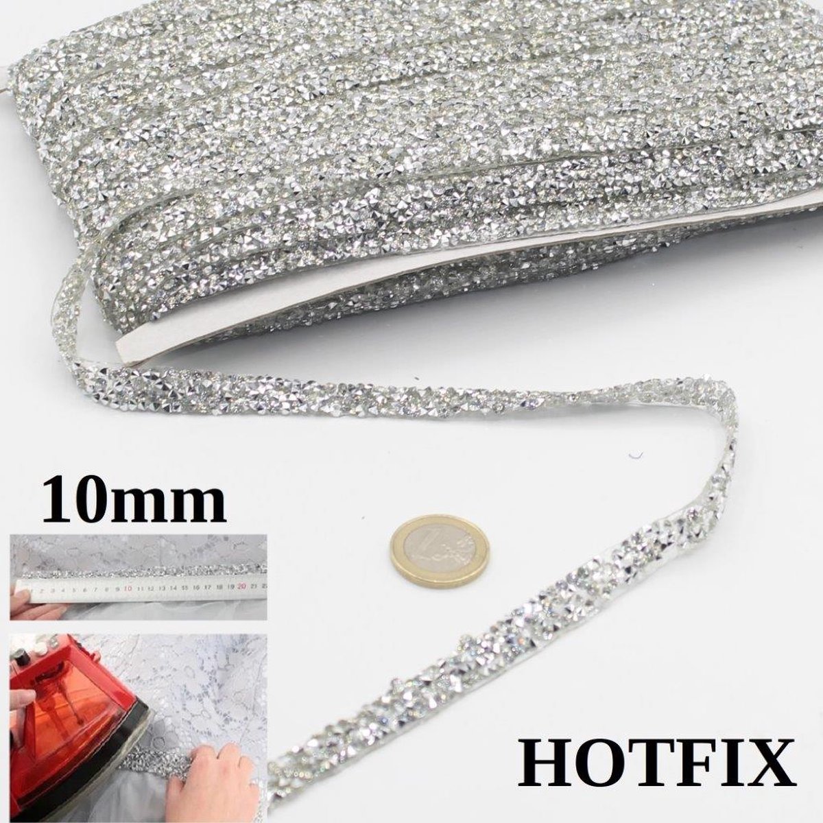 BAND van MIX VAN STRASS STEENTJES om op te STRIJKEN, Wirwar door elkaar, Lengte 18 Meter, Breedte van de band is 10MM. Kleur DIAMANT