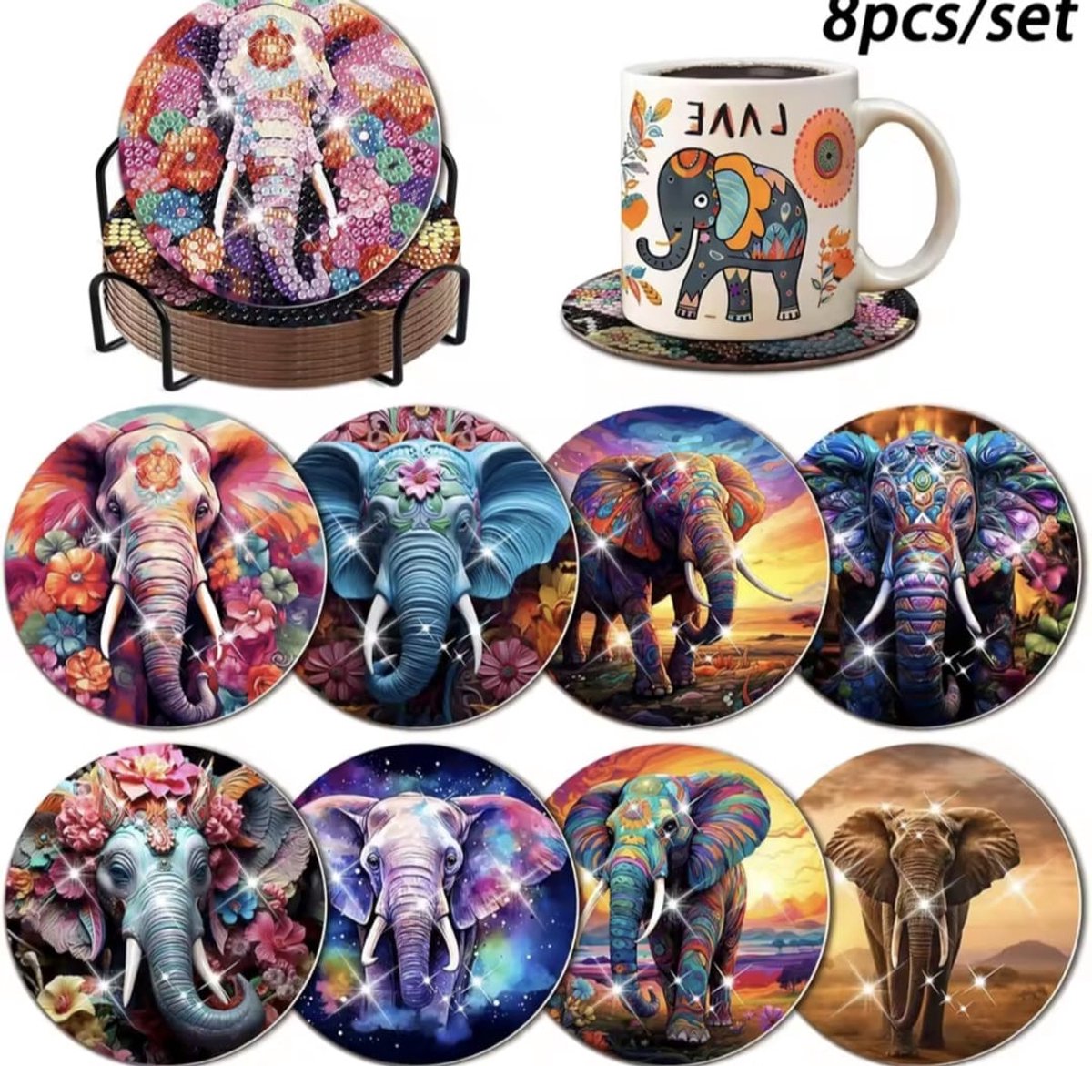 Diamond painting onderzetters - 8 stuks - Met kleur diamanten bling - Olifant - Diamond painting volwassenen - Hobby - Knutselen - Vrije tijd - Puzzel
