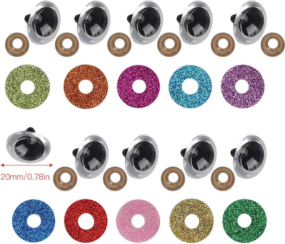 Veiligheidsogen, 100 stuks plastic / glitterveiligheidsogen poppenogen knutselen haakogen, kleurrijke haakspeelgoedogen met glitterringen doe-het-zelf knutselbenodigdheden voor (20 mm)