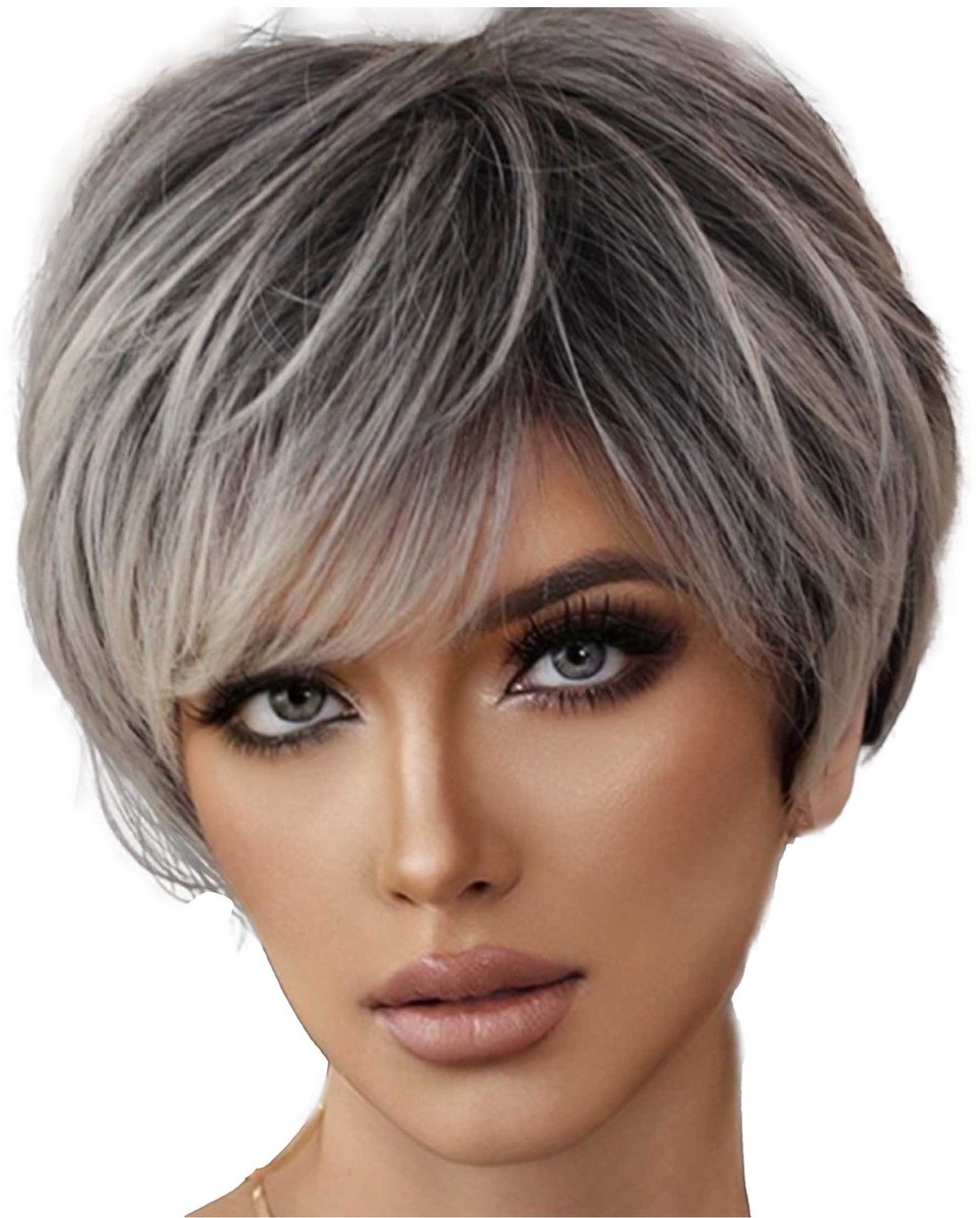 Korte Mode Pruik met Zijpony - Natuurlijk ogend & Ademend Netkapje,grijs