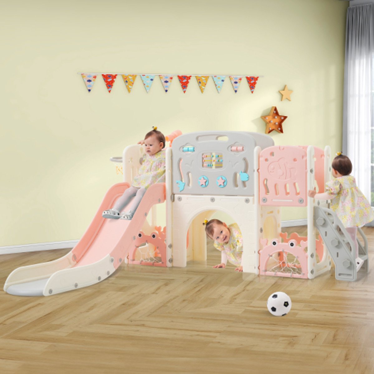 11 in 1 peuterglijbaan, kinderglijbaan met basketbalhoepel, speelstructuur voor kinderglijbaan, boogtunnel en telescoop, speelgoedopbergsysteem voor peuters, klimrek voor kinderen