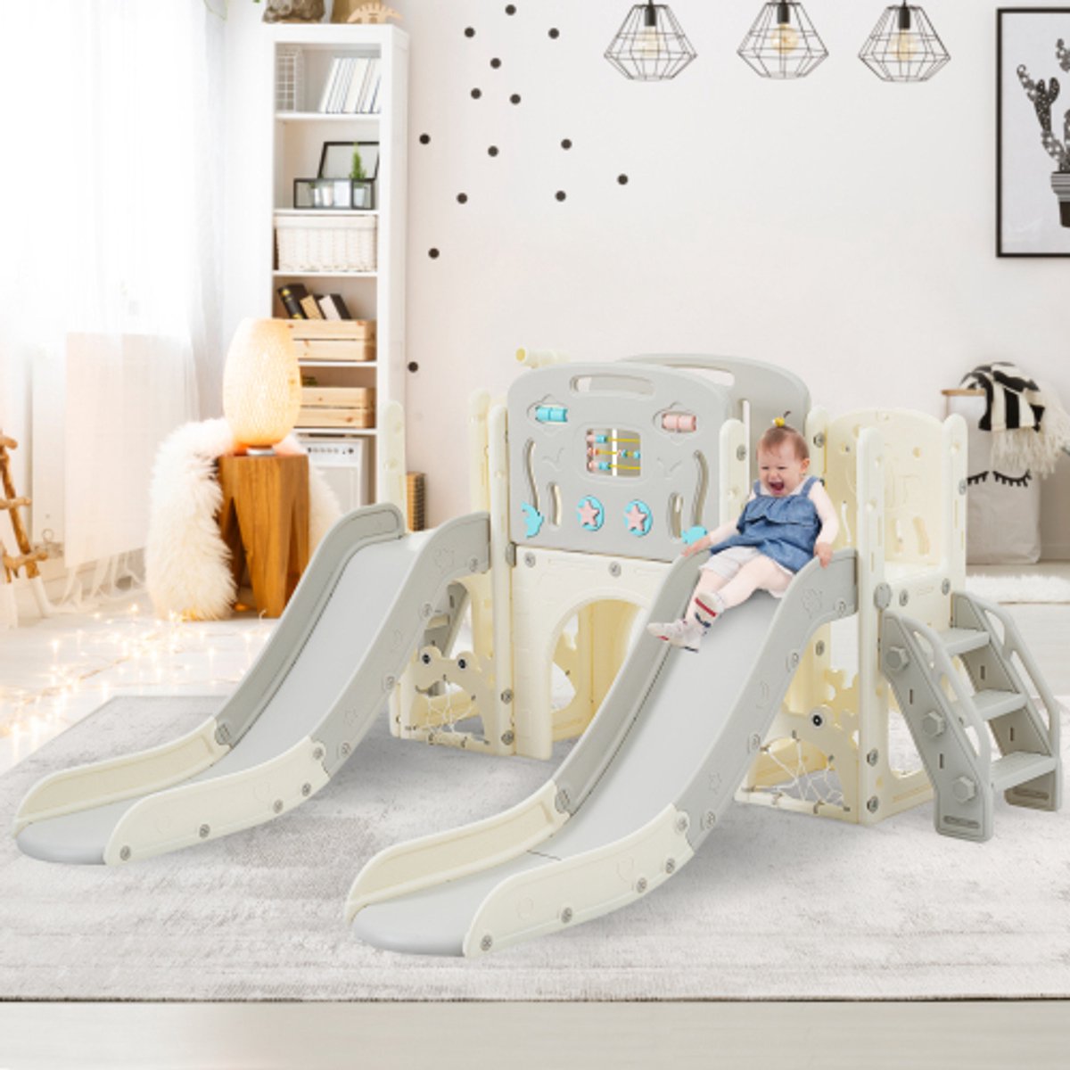 Kinderspeeltoestel 8-in-1, vrijstaande set met zeedierenthema en glijbaan, boogtunnel, basketbalring en telescoop, dubbele glijbanen voor peuters, klimrek voor kinderen，grijs