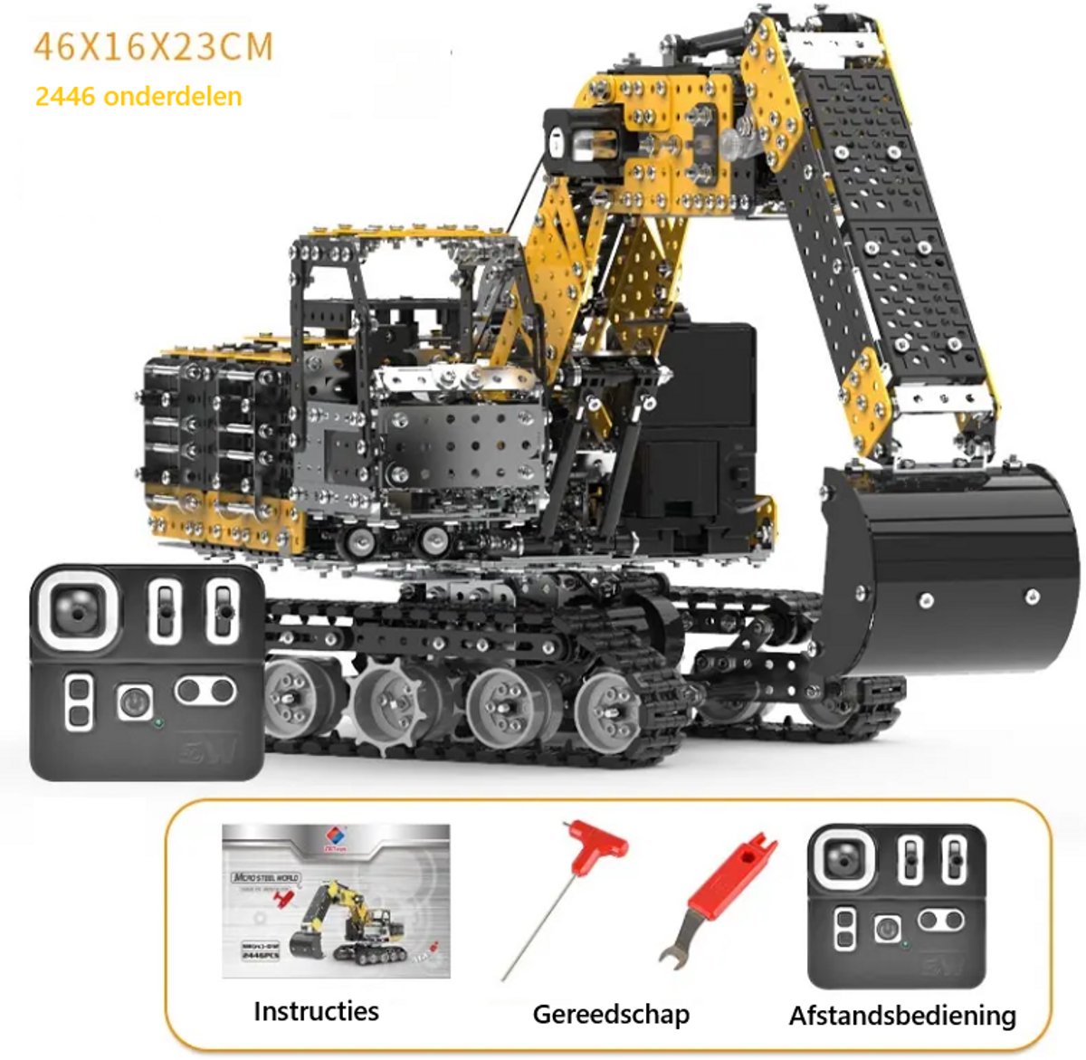 Metalen Bouwpakket Graafmachine – Volledig RC Bestuurbaar - 2500+ Onderdelen – 46x16x23 cm