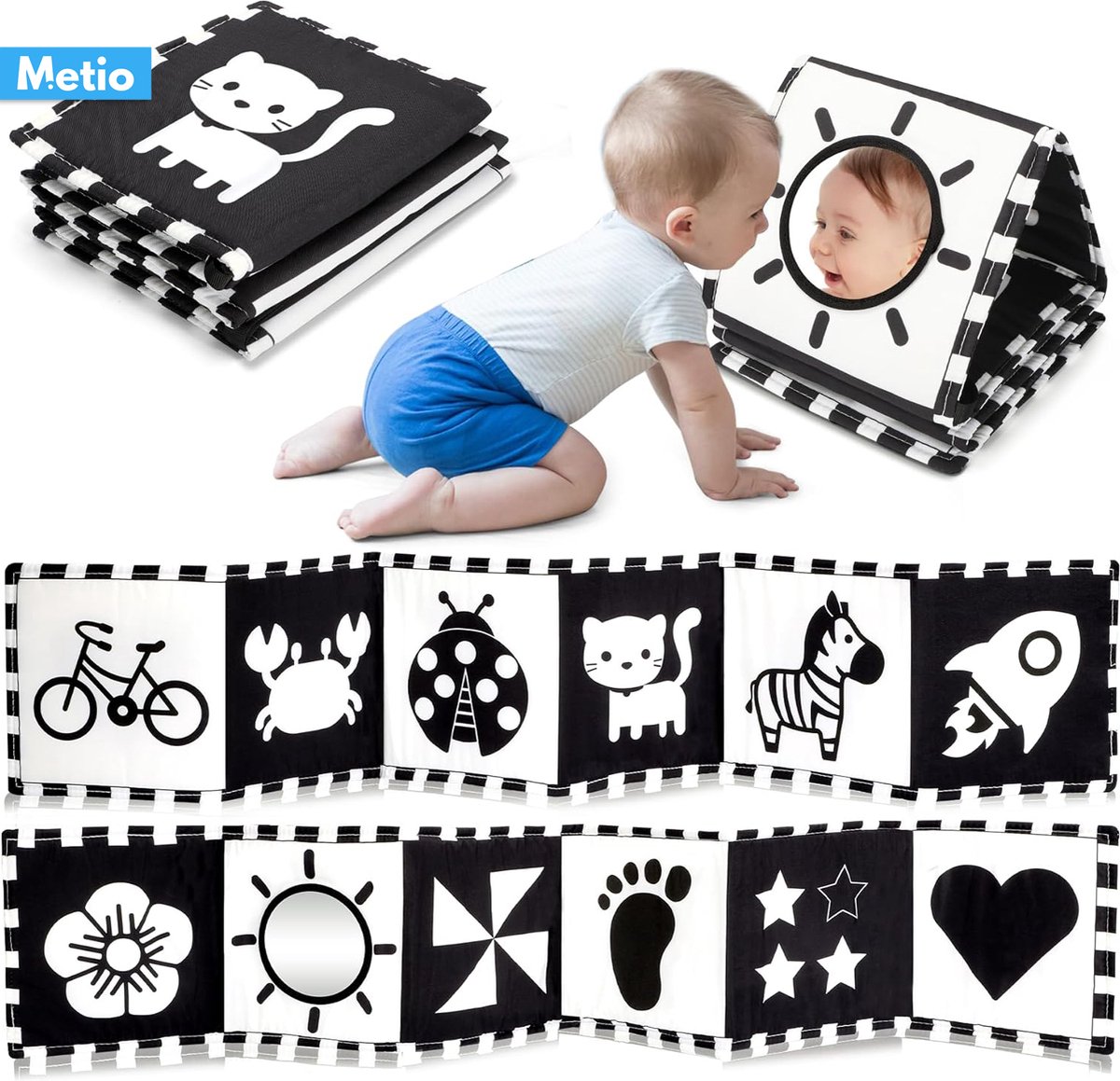 Metio - Baby Boek - Zwart Wit - Stoffen Boek - 0-12 Maanden - Babyboek - Educatief Speelgoed