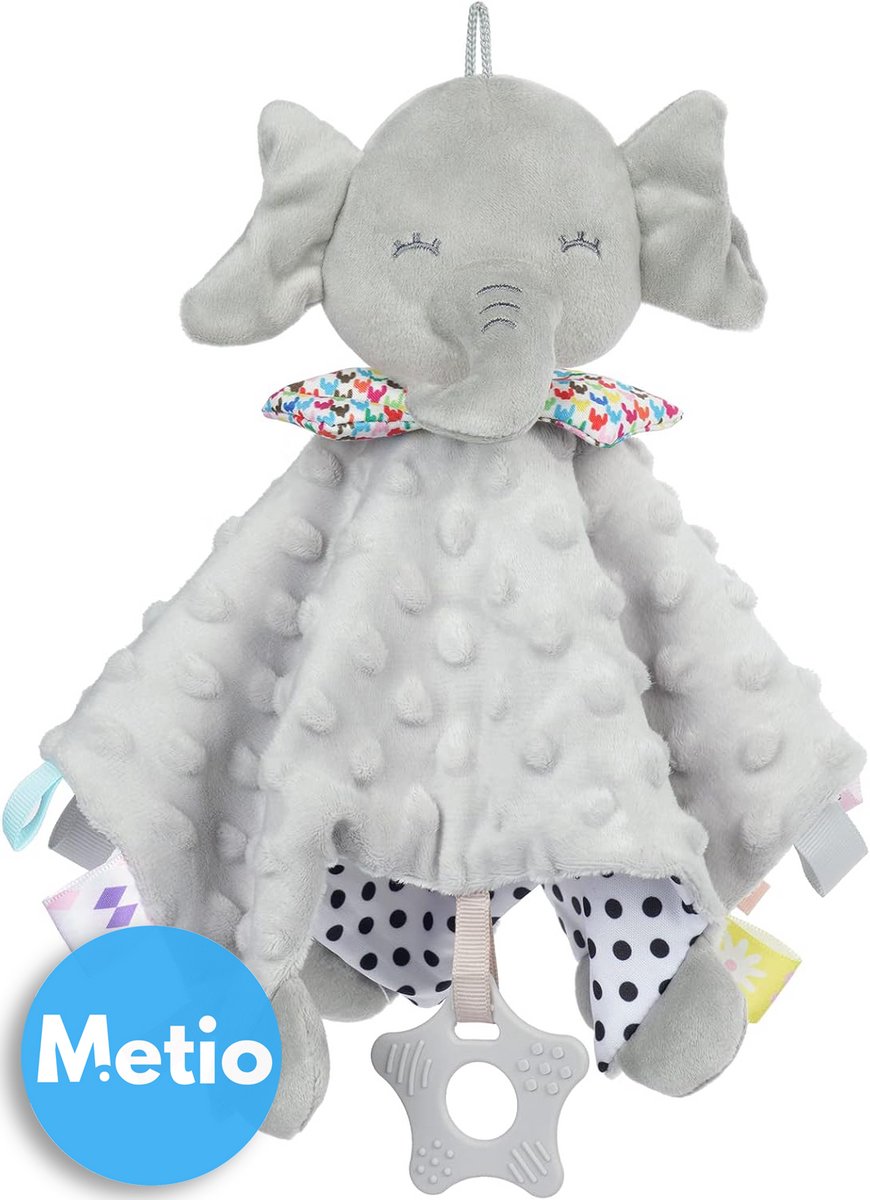 Metio - Knuffeldoekje Olifant - Knisperfolie & Belletjes - Zacht & Wasbaar - 28x28 cm - Meerkleurig