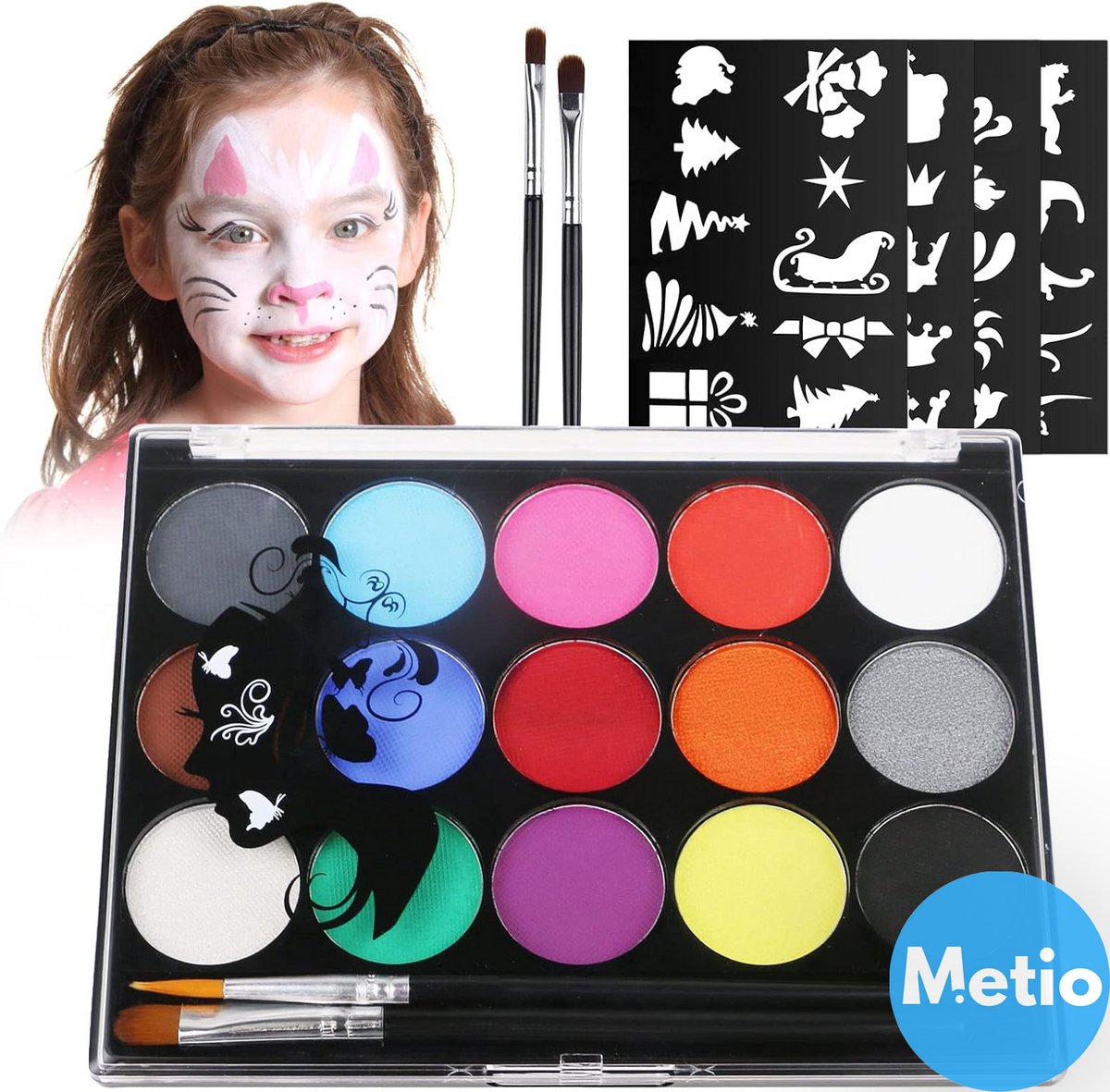 Metio – Schminkset met 15 Kleuren – Inclusief 2 Penselen & 32 Sjablonen – Huidvriendelijk & Afwasbaar – Voor Kinderen & Volwassenen – Carnaval & Halloween