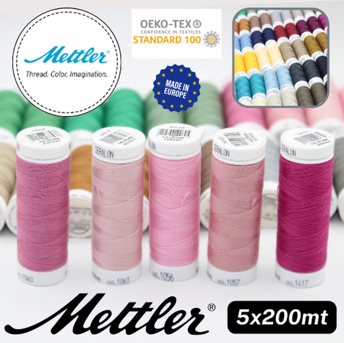 Set van 5 BOBIJNTJES METTLER SERALON GAREN, 100 % Polyester, Dikte 100, Made in Europe, Oekotex, MIX C