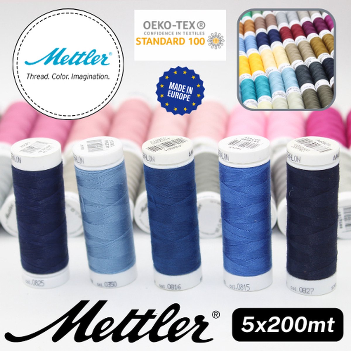 Set van 5 BOBIJNTJES METTLER SERALON GAREN, 100 % Polyester, Dikte 100, Made in Europe, Oekotex, MIX E