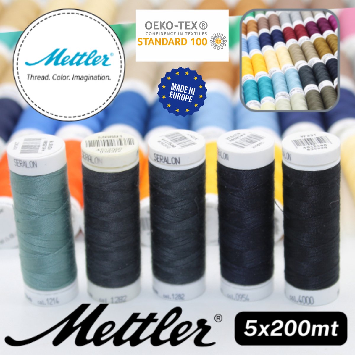 Set van 5 BOBIJNTJES METTLER SERALON GAREN, 100 % Polyester, Dikte 100, Made in Europe, Oekotex, MIX I