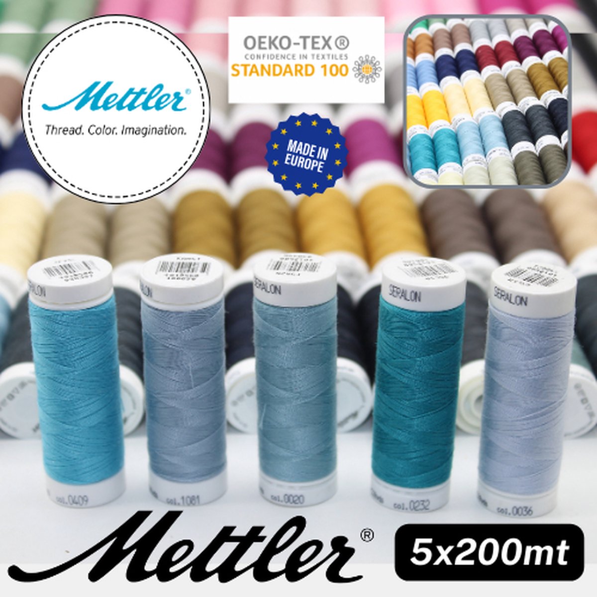 Set van 5 BOBIJNTJES METTLER SERALON GAREN, 100 % Polyester, Dikte 100, Made in Europe, Oekotex, MIX J