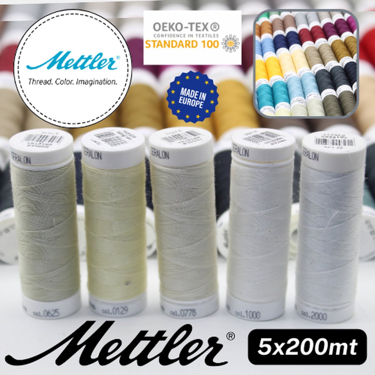 Set van 5 BOBIJNTJES METTLER SERALON GAREN, 100 % Polyester, Dikte 100, Made in Europe, Oekotex, MIX K