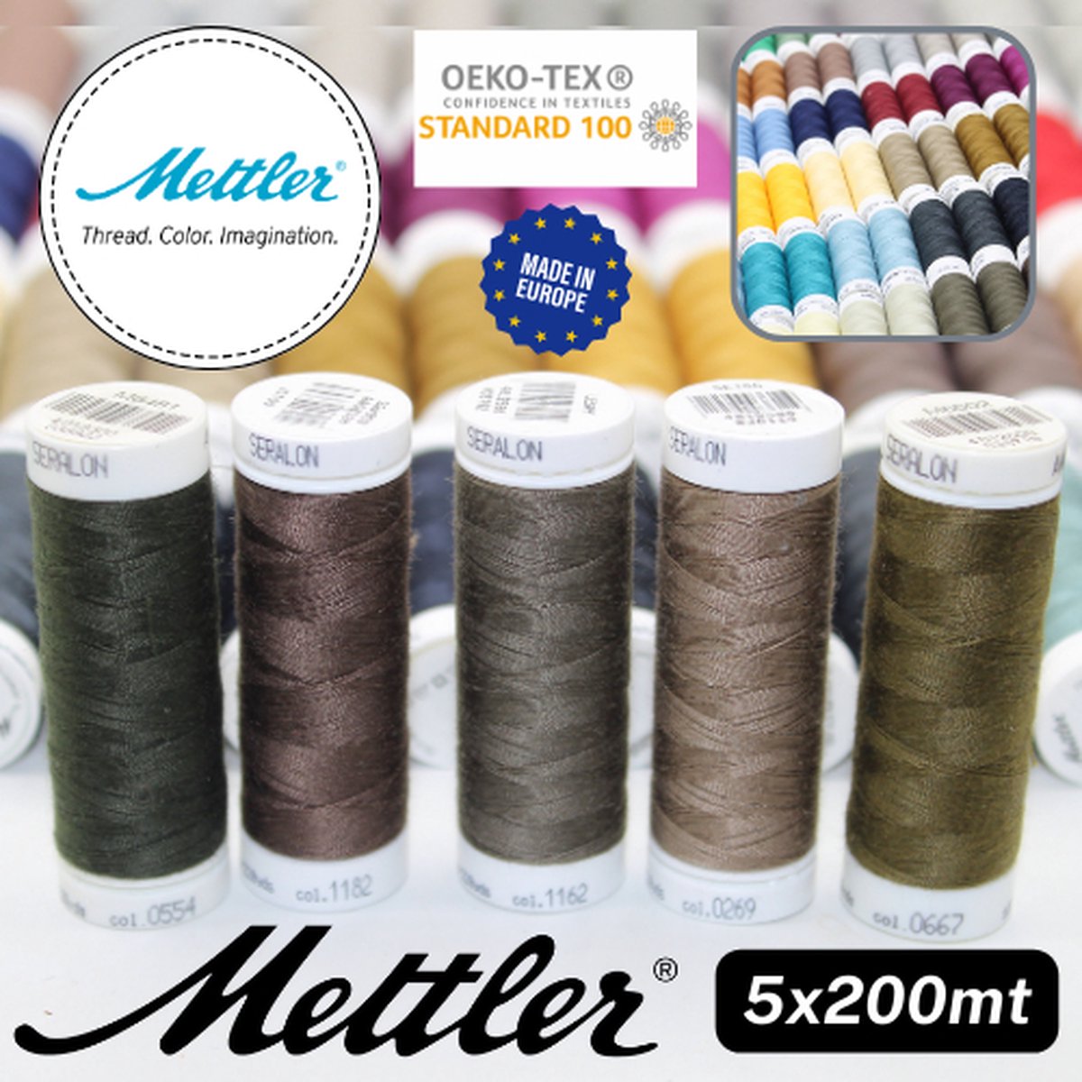Set van 5 BOBIJNTJES METTLER SERALON GAREN, 100 % Polyester, Dikte 100, Made in Europe, Oekotex, MIX L