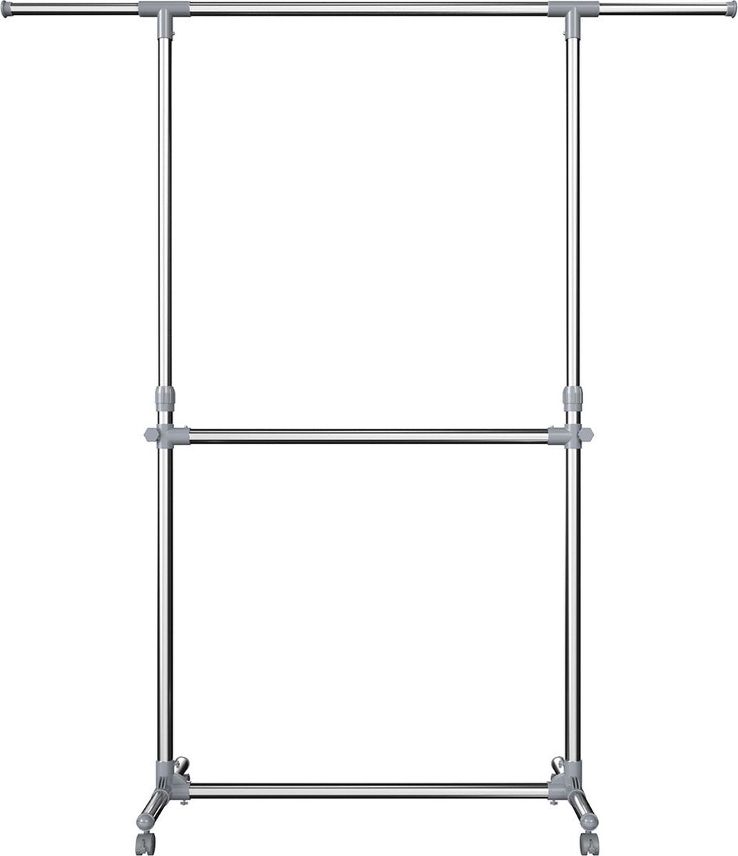 Uitschuifbare Kledingstandaard met 2 Stangen - op Wielen - Verstelbaar van 113 tot 198 cm