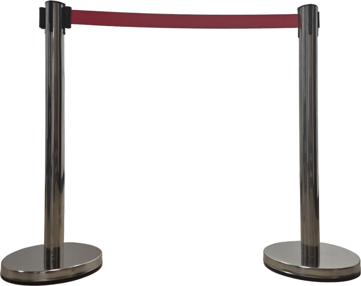 2 zilveren afzetpalen met uittrekbaar rood lint -Totaal 4 meter lint - verzwaarde paal - Mexxo