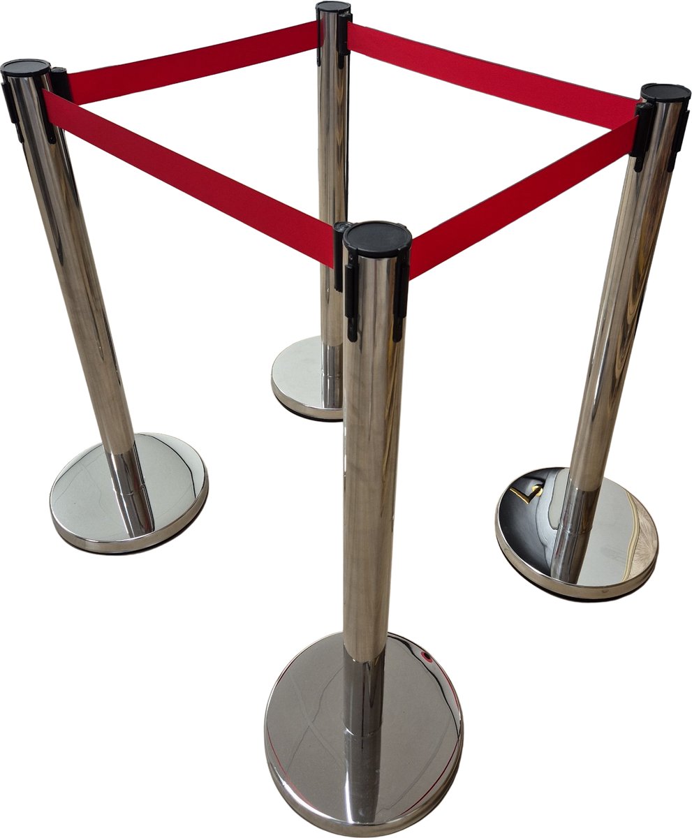 4 zilveren afzetpalen met uittrekbaar rood lint -Totaal 8 meter lint - verzwaarde paal - Mexxo