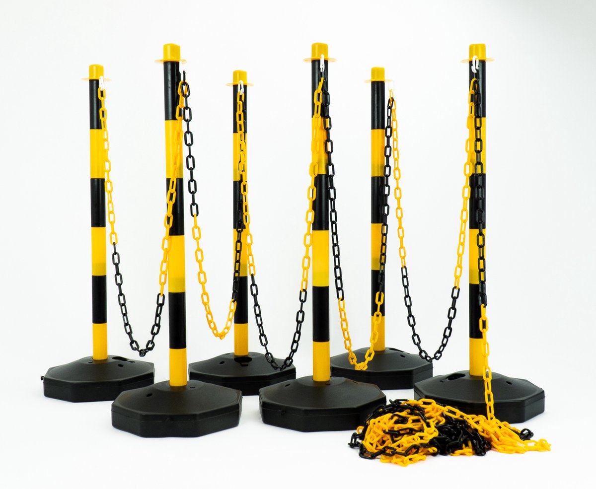 Afzetpalen set – 10 palen incl. 50 meter ketting -Geel/zwart - Mexxo