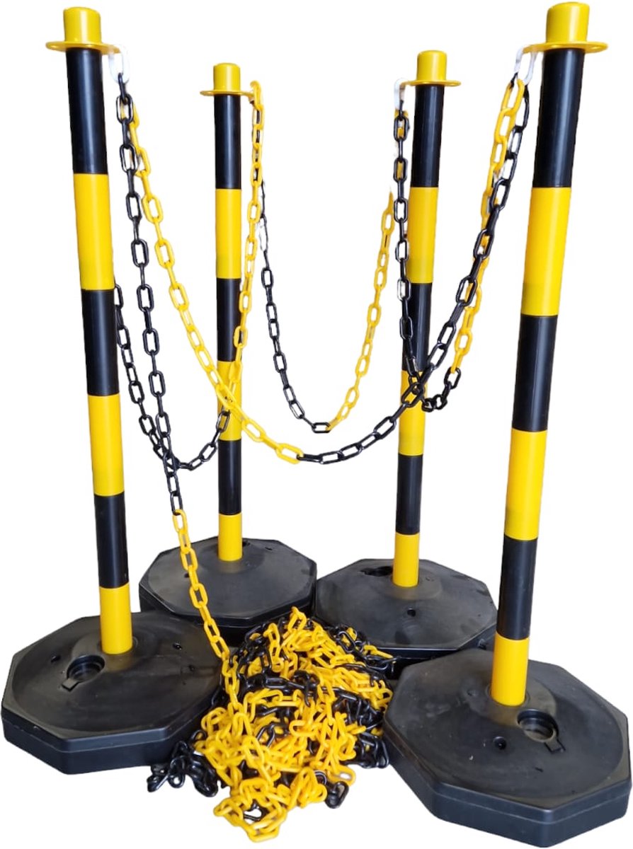 Afzetpalen set – 4 palen incl. 25 meter ketting - Geel/zwart - Mexxo