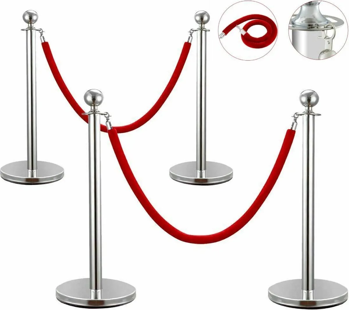 Mexxo® Afzetkoord - Afzet Palen - Rode Loper - Standaard met Fluwelen Touw - Stabiel - Eenvoudig - Zilver/Rood