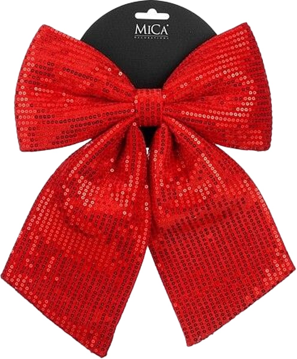 Mica Decorations Decoratie strik ornament - rood - 24 x 28 cm - polyester pailletten - strik