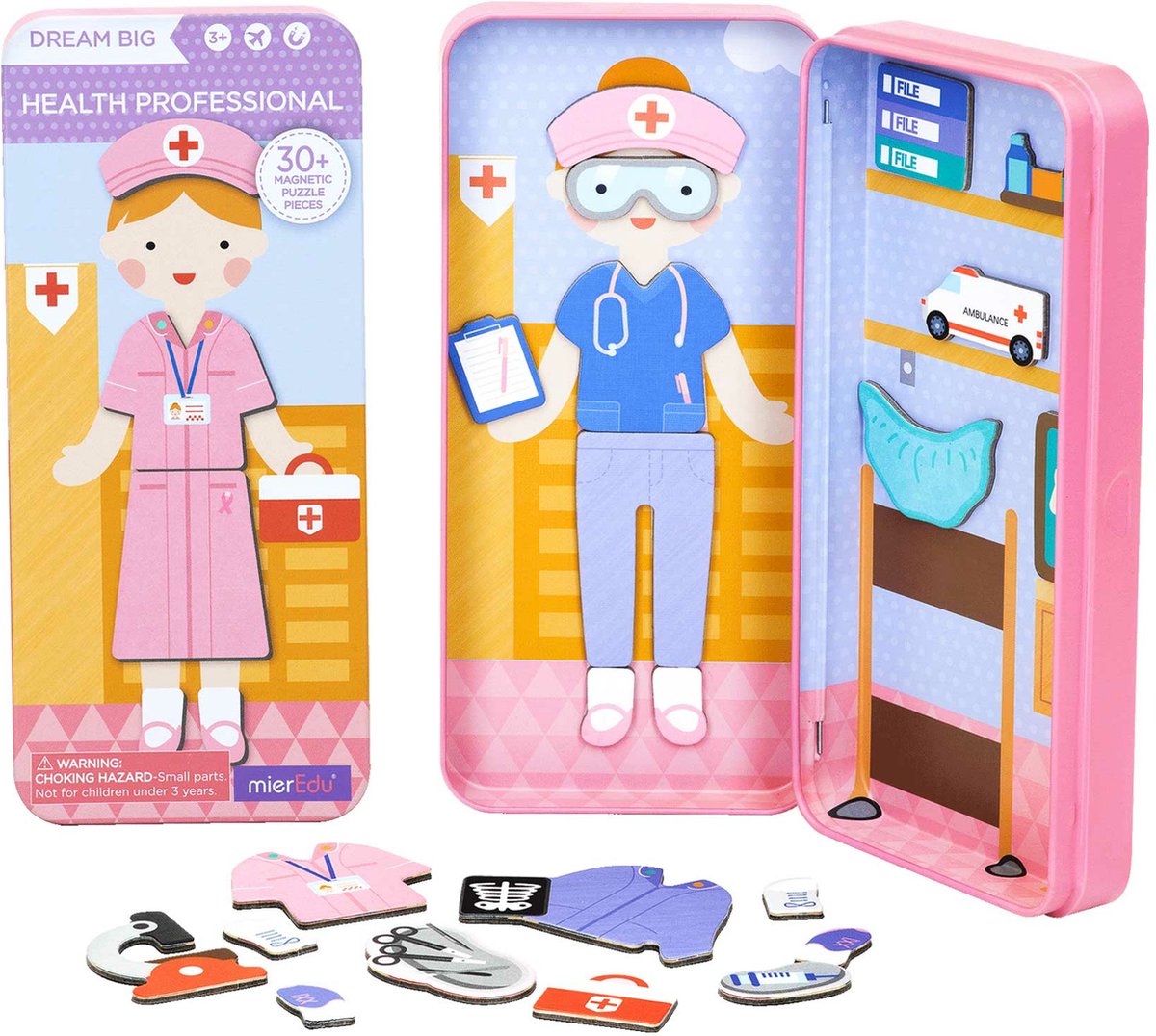 MierEdu MAGNETISCHE PUZZELDOOS reis: DOKTER 9x3,3x20,3cm, bevat 2 scènes en meer dan 30 magnetische puzzelstukken, in metalen doosje, 3+