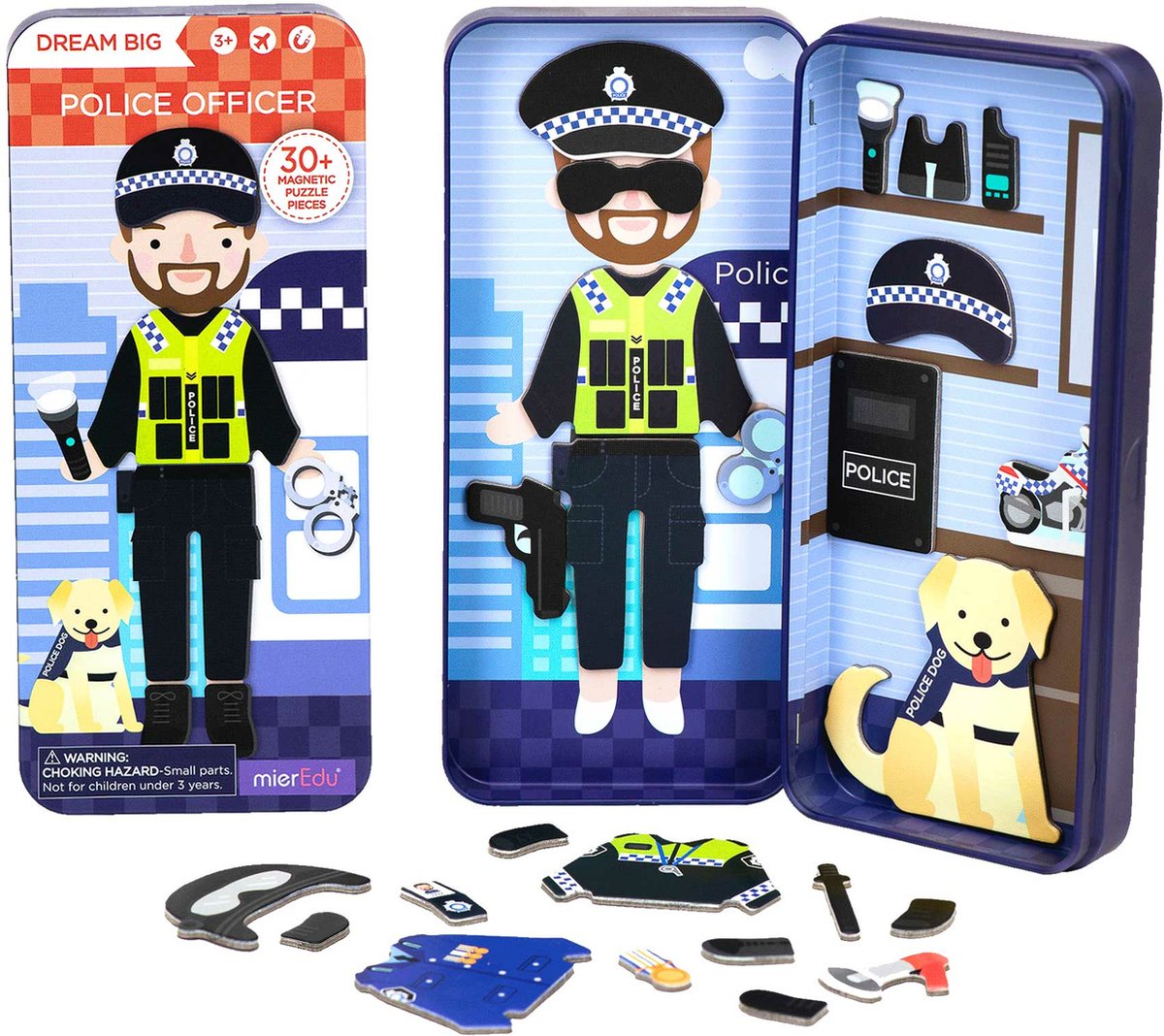 MierEdu MAGNETISCHE PUZZELDOOS reis: POLITIE OFFICIER 9x3,3x20,3cm, bevat 2 scènes en meer dan 30 magnetische puzzelstukken, in metalen doosje, 3+